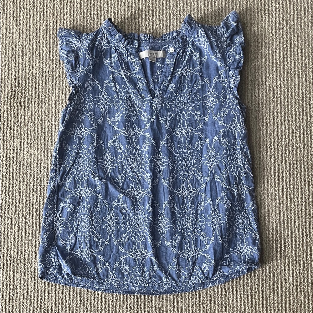 LOFT Blue Embroidered Cap-Sleeve Blouse